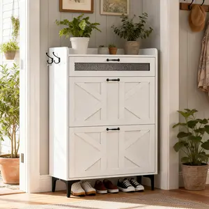 Farmhouse Hidden Shoe Cabinet with Drawer & 2 Doors for Organizer Storage Cabinet White Slim Design for Narrow Entryways