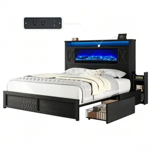 [SummerVibes][Ships in 2 Boxes] VanAcc Bed Frame with Fireplace, Farmhouse Storage Platform Bed with 57" Headboard, Barn Door Cabinets, 4 Drawers & 2 Bedside Racks, RGB LED & Charging Station