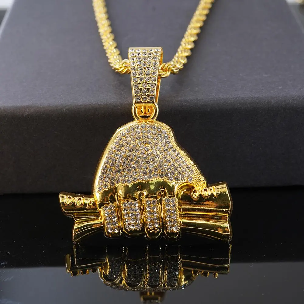 New Rich Forever Full of Rhinestones Holding Dollar Pendant Trendy Hip Hop Men's Cuban Chain Necklace Gift