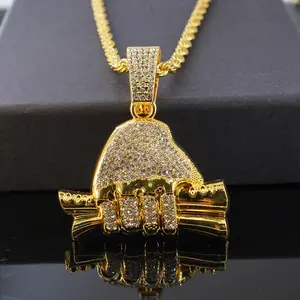 New Rich Forever Full of Rhinestones Holding Dollar Pendant Trendy Hip Hop Men's Cuban Chain Necklace Gift