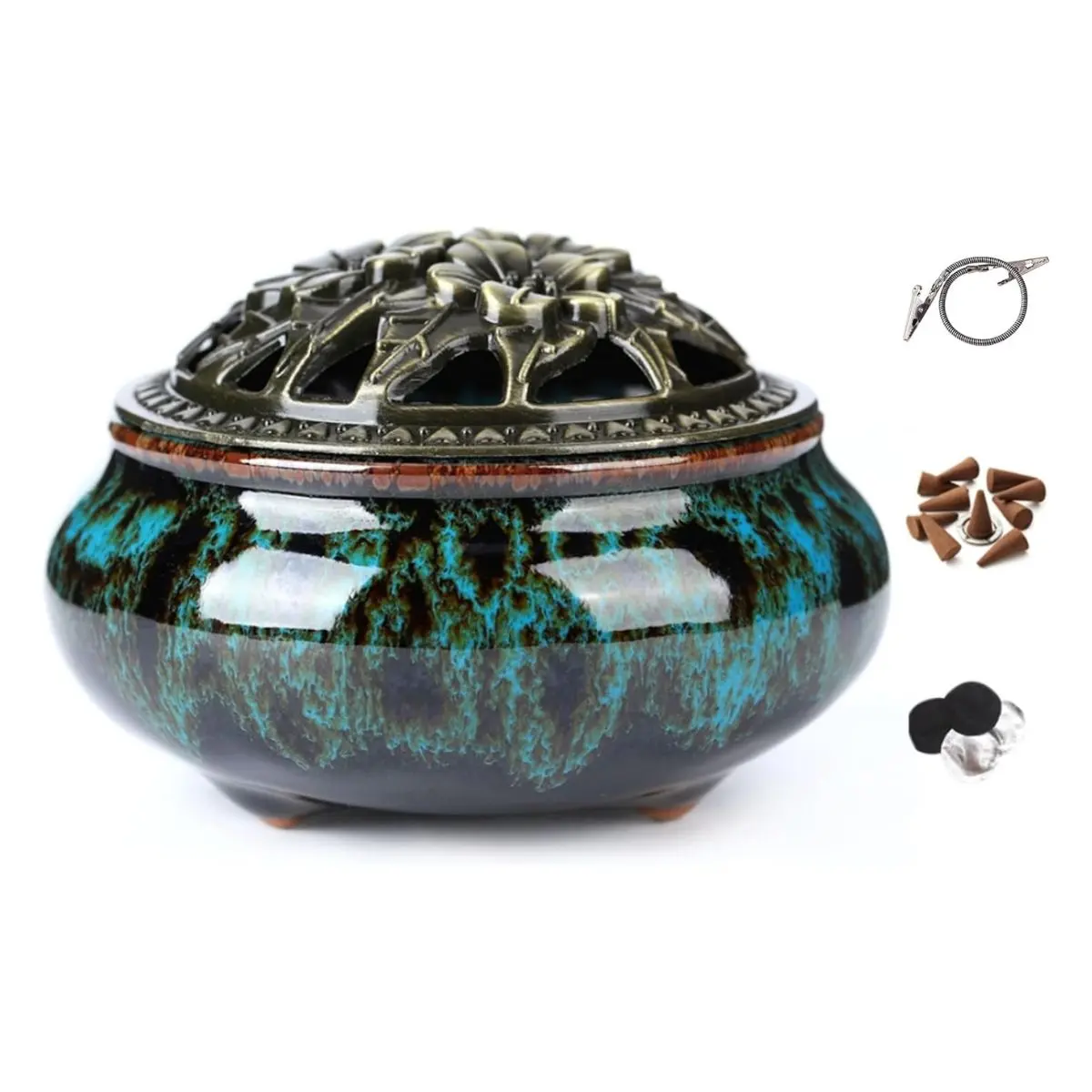 Sky Blue Porcelain Incense Burner – Calabash Stick Holder Censer for Resin, Cone, Coil & Granular Incense