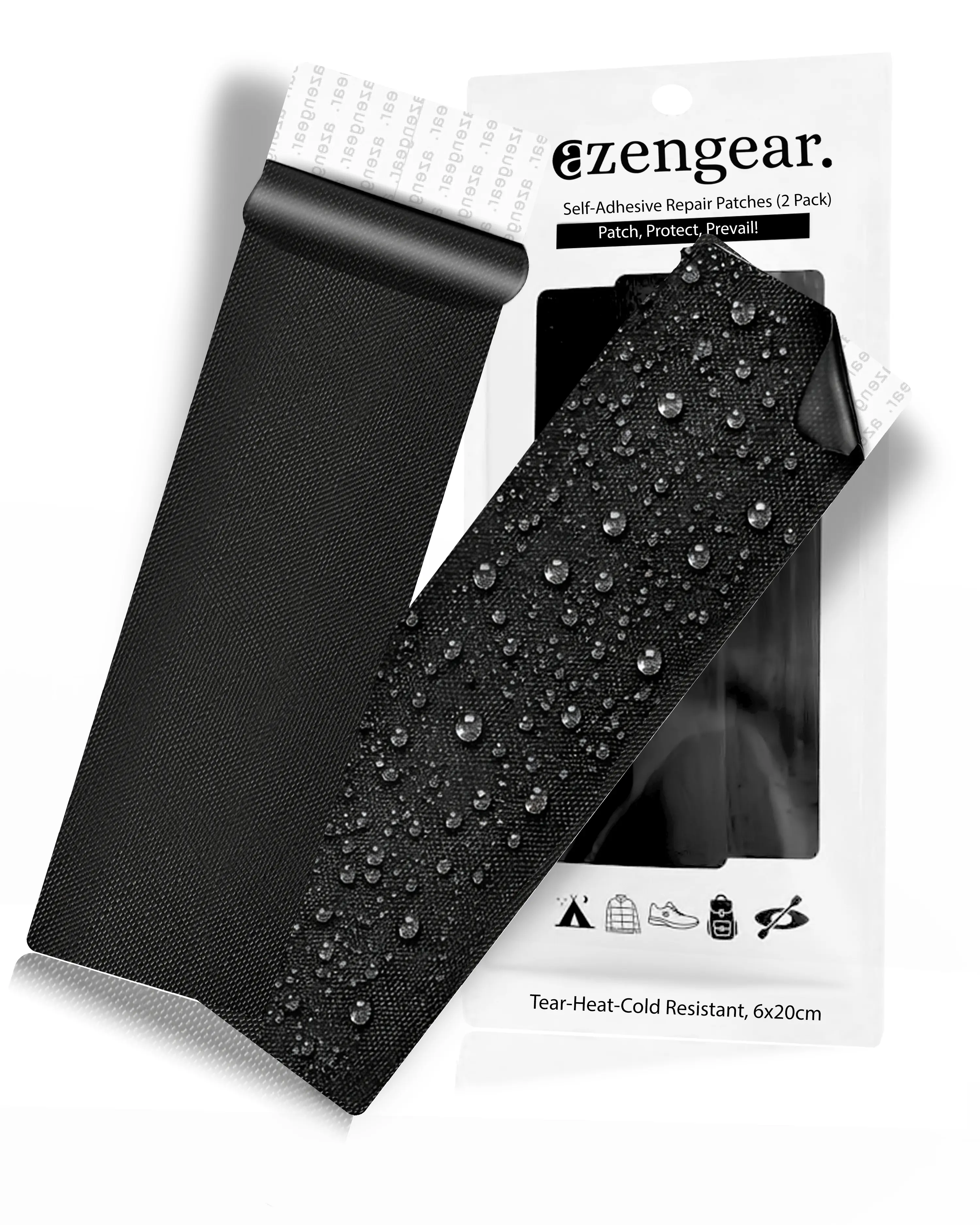 Jacket & Tent Repair Patches (2 Pack) - Self-Adhesive, Waterproof, Tear-Cold-Heat-Resistant Polyester to Fix Rips in Puffers, Upholstery (Black)