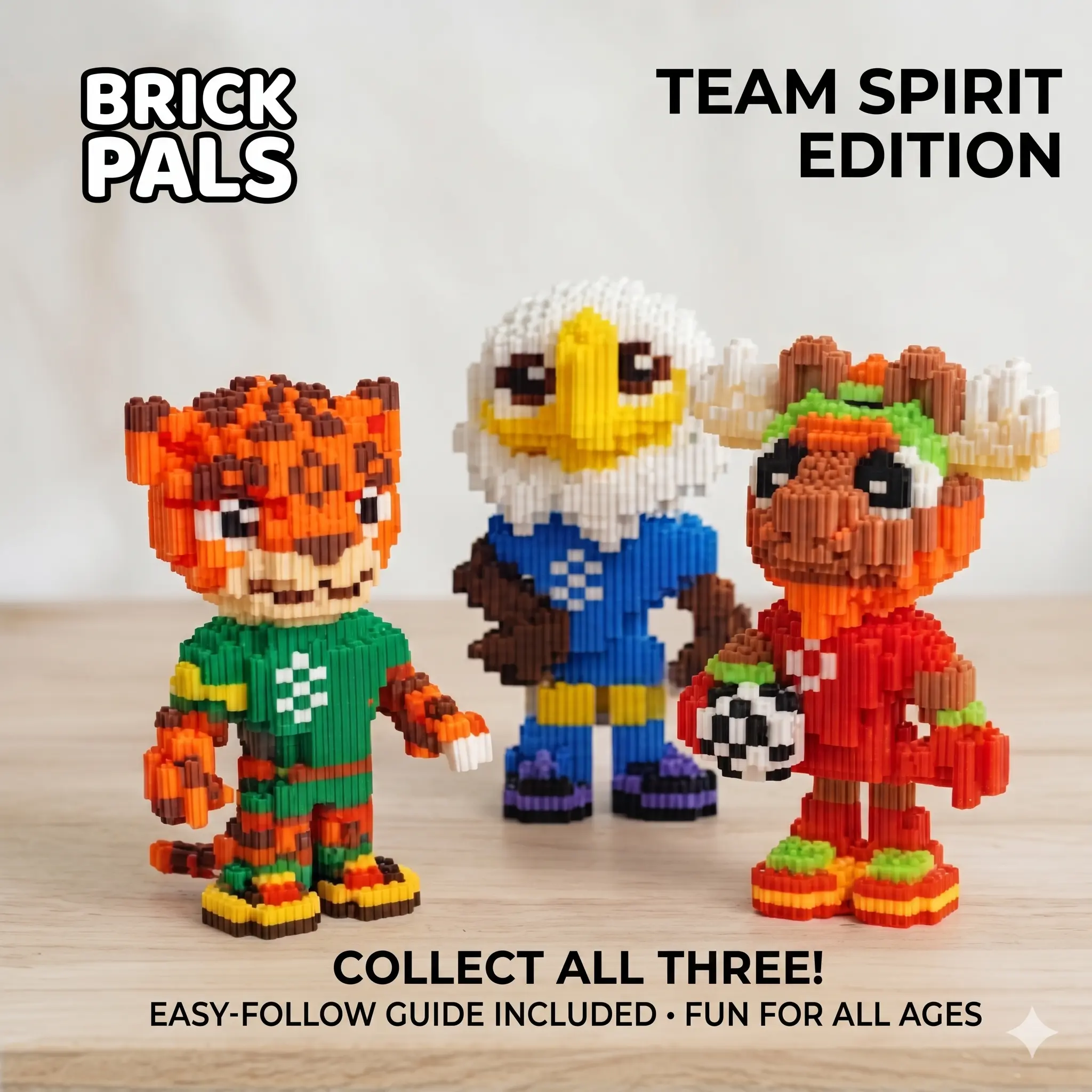 3-pack Micro Building Bricks Mascot Set - 7.5" Mini Bricks 3D Puzzle Construction Toy, 1000+ Pcs Collectible Desk Decor, Sports Fan Gift for Adults Teens (Age 8+)