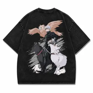 Shadow Beast Anime Vintage Washed Tee – Oversized DTG Manga Wolf Graphic T Shirt, Y2K Streetwear Retro Fit