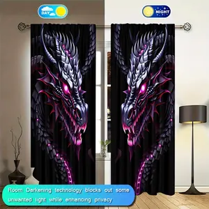 2 Piece Dragon Pattern Digital Print Curtains, Home and Office Decor, Multifunctional, Light Filtering, Hand Washable, Modern Design, Window Curtain