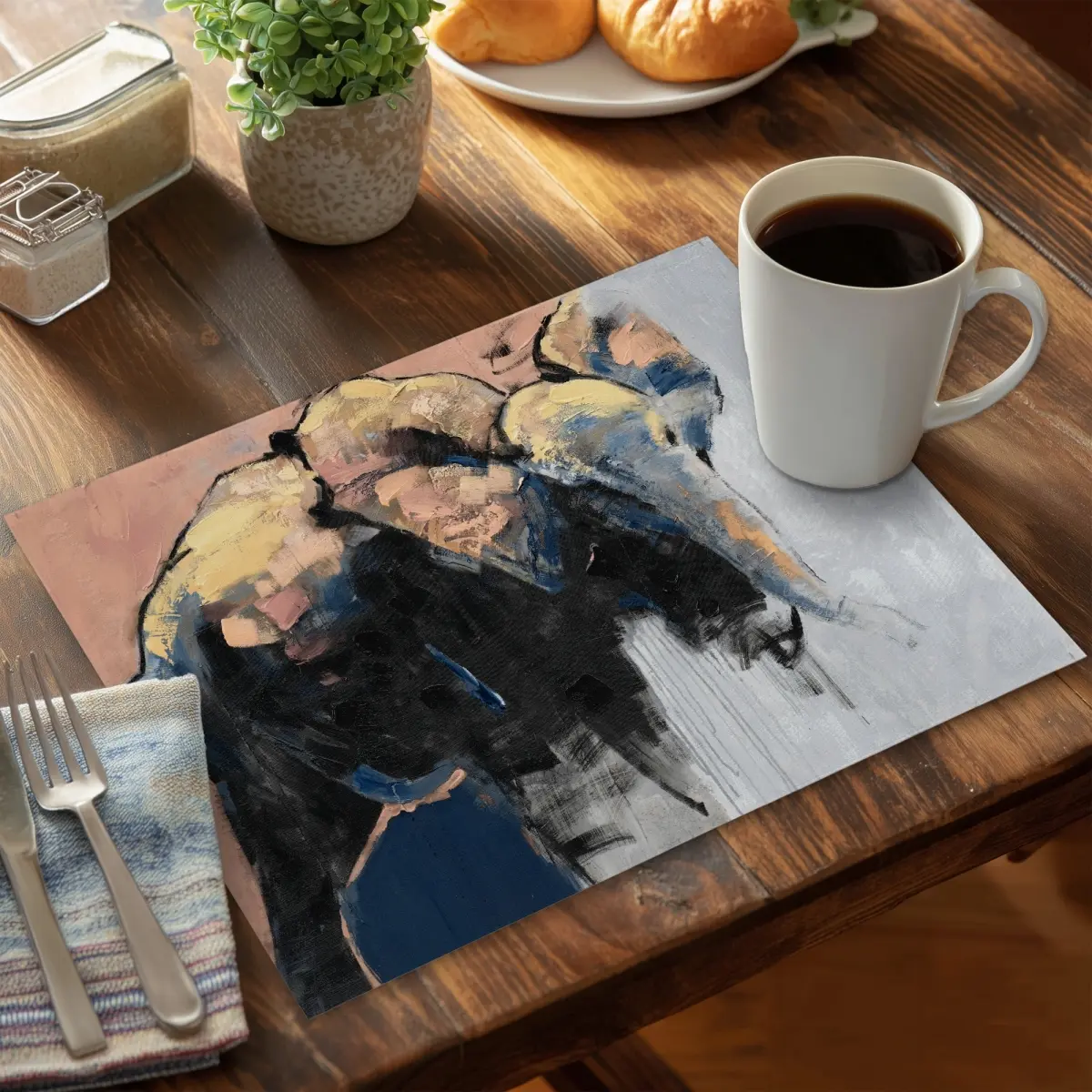 360 Stand Elephant Art Placemats, 14x18 in Lightweight Polyester Tableware, Abstract Design, Stylish Kitchen Decor, Set of 6 (Model C6PP14180LB4OH), Kitchenware, Animals