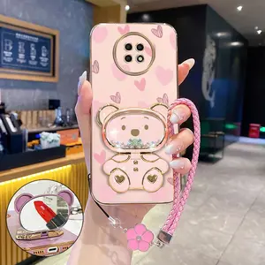 Redmi Note 9T Popular Series Lucky Clover Strap Lanyard Phone Holder Case For Compatible With Xiaomi Redmi Note 9T Plating Cover and Shockproof Pink Simple Love Bear Protector Cases