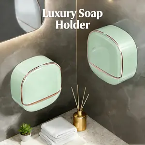 Luxury Flip Lid Soap Holder - Wall Mounted Drain Tray, Waterproof for Bathroom/Shower (White&Green)