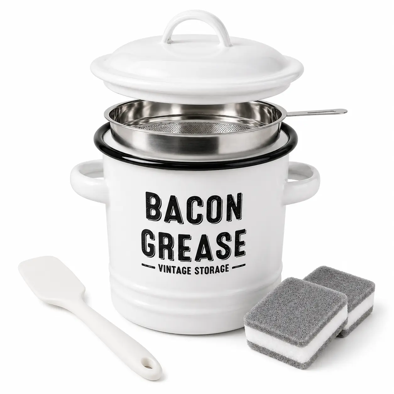 46oz Enamel Bacon Grease Keeper with Strainer & Lid, Dishwasher Safe Complete Set Includes Spatula & Cleaning Sponges, Retro Farmhouse Decor Oil Storage Can for Home Cooking & Backyard BBQ Utensils Kitchen