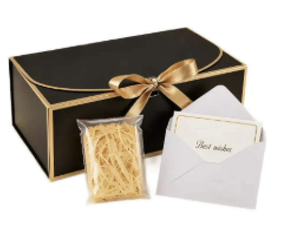 Black and Gold 6.5''x 6.6''x 1.97'' Gift Box Set with 4 Cards 4 Envelopes 4 Raffia Ties Abatable Lid Dorado Edges