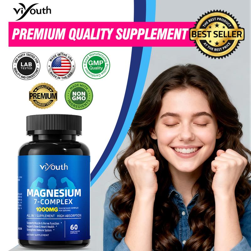 Viyouth 3-Bottle Pack 1000mg 7-Type Magnesium Complex with Zinc – Daily Nutrient Support for Relaxation, Restful Nights, Muscle & Nerve Function, Energy & Mood Well-Being, Digestive Comfort, Overall Wellness –  3rd Party Tested