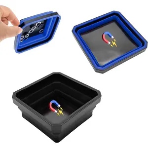 Collapsible Magnetic Parts Tray, 4.5 Inch Foldable Magnetic Square Silicone Tray, Tool Tray Set with Double-Sided Magnetic Base for Screw Bolts Nuts Pins, Car Accessories (Black+Blue, 2 PCS)