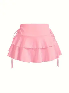 Women's Plain Basic Ruffle Trim Tiered Layer A Line Skirt, Casual Tie Side Short Skirt for Daily Wear, Ladies Bottoms for All Seasons
