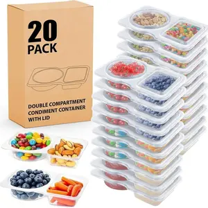【20 Packs】 Reusable Double Compartment Snack & Condiment Containers with Leak-Proof Lids BPA-Free Plastic Food Storage for Lunch Picnics Office Stackable Hand Wash Only Picnic Essentials Flip Top Design