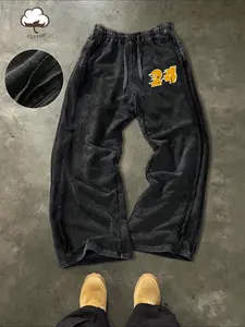 Men's Young Street Style, Minimalist Cotton Sweatpants With Loose Fit Wide Leg, Elastic Waist Knit Sports Pants, Weathered Cotton Fabric With Subtle Distressed Details, Casual Street-Inspired Style For Daily