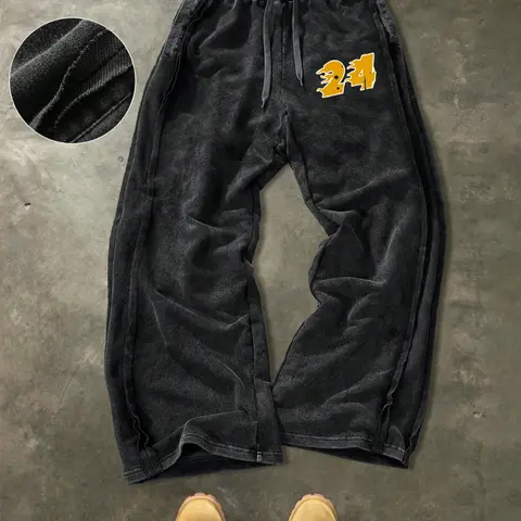 Men's Young Street Style, Minimalist Cotton Sweatpants With Loose Fit Wide Leg, Elastic Waist Knit Sports Pants, Weathered Cotton Fabric With Subtle Distressed Details, Casual Street-Inspired Style For Daily
