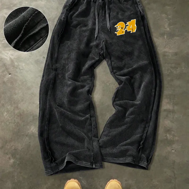 Men's Young Street Style, Minimalist Cotton Sweatpants With Loose Fit Wide Leg, Elastic Waist Knit Sports Pants, Weathered Cotton Fabric With Subtle Distressed Details, Casual Street-Inspired Style For Daily