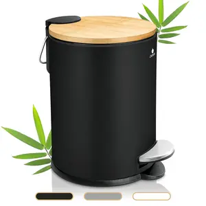 Black Mini Trash Can with Lid - 3L / 0.8Gal - Small Bathroom Trash Can with Bamboo Bucket - Stainless Steel Bathroom Garbage Can
