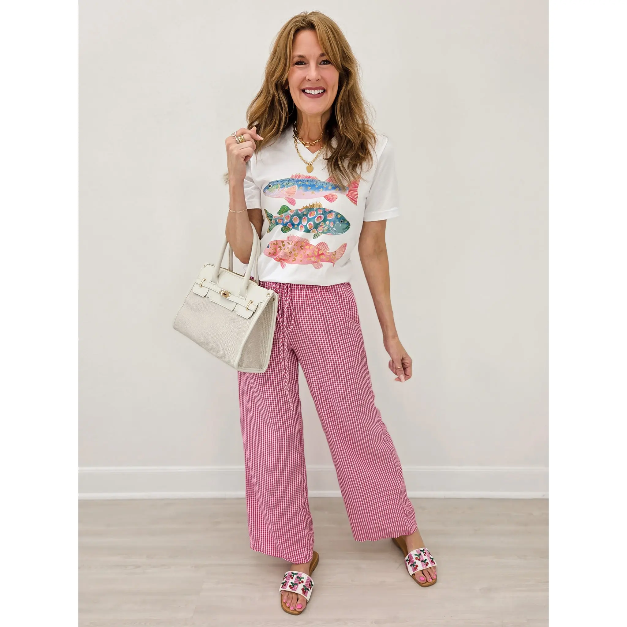 Mid Rise FUCHSIA and WHITE Checkered Print Straight Leg Pants