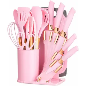 19-  Kitchen Utensils Set with  Set &  Board -  Cooking Utensils with Wooden Handles, Rose  Accents, , Whisk & Tongs -   Kitchen  Set