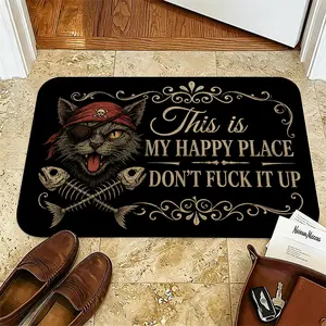 Funny Pirate Cat Door Mat, "This is My Happy Place Don't F*ck It Up" Sarcastic Welcome Mat, Badass Cat Lover Gift, Rude Entryway Rug for Front Door, Non-Slip Indoor Outdoor Floor Mat
