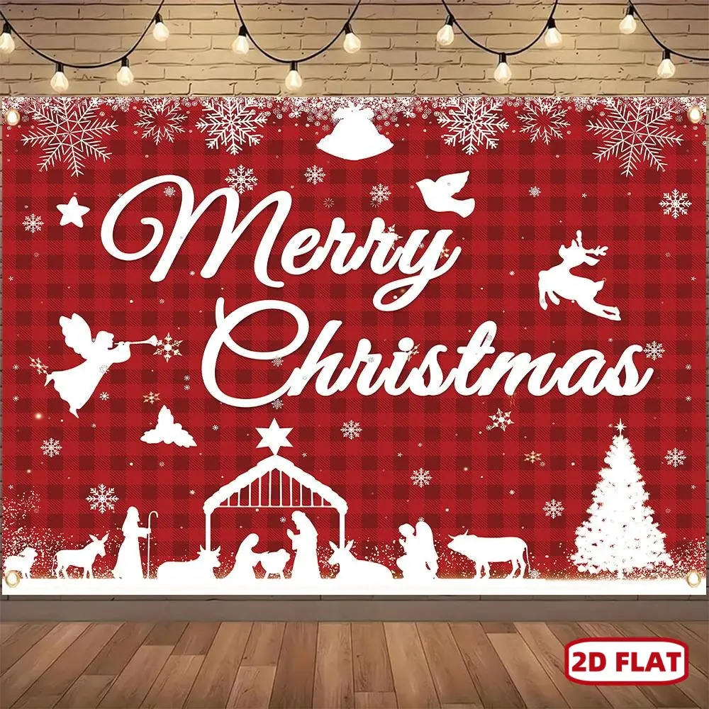 1pc 2D Flat Festive Merry Christmas Banner with Nativity Scene & Snowflakes - Durable Polyester, Easy-to-Hang |   Perfect for Winter Holiday Parties, New Year Home Wall Decor &  Booth Backdrop, Christmas Ornaments Decoration, Party, Lettering