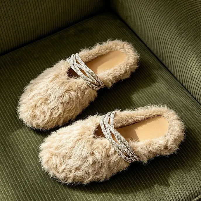 Women's Fluffy Faux Fur Mules - Rhinestone Strappy Slip-On Clogs - Curly Shearling Backless Flats - Cozy Winter Footwear for Indoor-Outdoor Walking, Slide Design