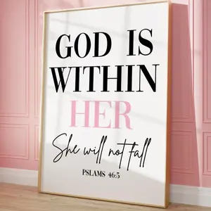 God Is Within Her She Will Not Fall Bible Quote, Bible Affirmation, Faith And Hope Poster, Pink & Black Poster No Frame, God Poster, Bedroom Wall Art