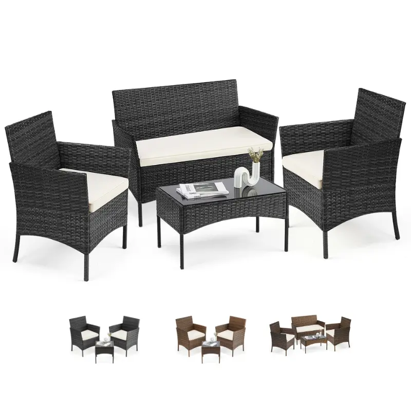 4-Piece Rattan Patio Furniture Set, Outdoor Wicker Sofa Couch Table Set, w/ Thick Seat Cushions Tempered Glass Coffee Table, Conversation Set for Lawn Garden Poolside Backyard Outdoor Wicker Rattan Chairs with Coffee Table