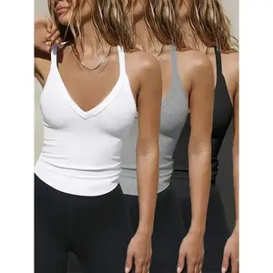 Women's 3-Pack V-Neck Camisole To - Soft Elastic Ribbed Knit Sleeveless Blouse, White, Gray, Black - Casual Comfortable Fit, Suitable for Casual Wear Collar Fabric Knitting Polyester Womenswear Printed Breathable Tank Tops Basic Solid Spandex