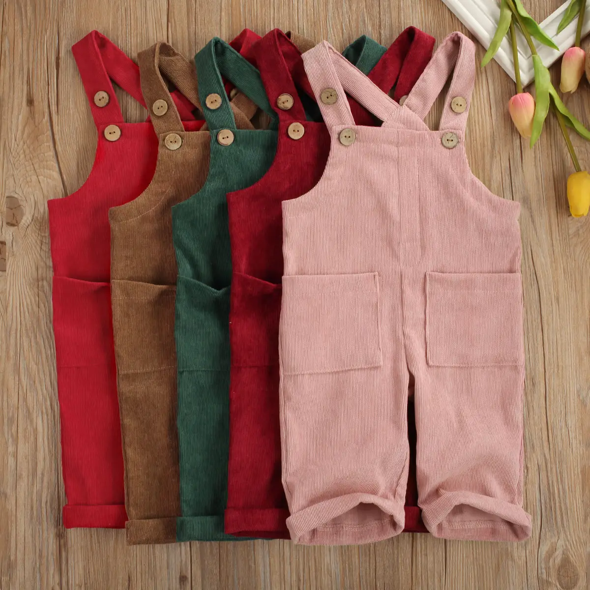 Toddler Baby Corduroy Suspender Rompers Solid Color Adjustable Strap Pockets Overalls Spring Autumn Button Trousers