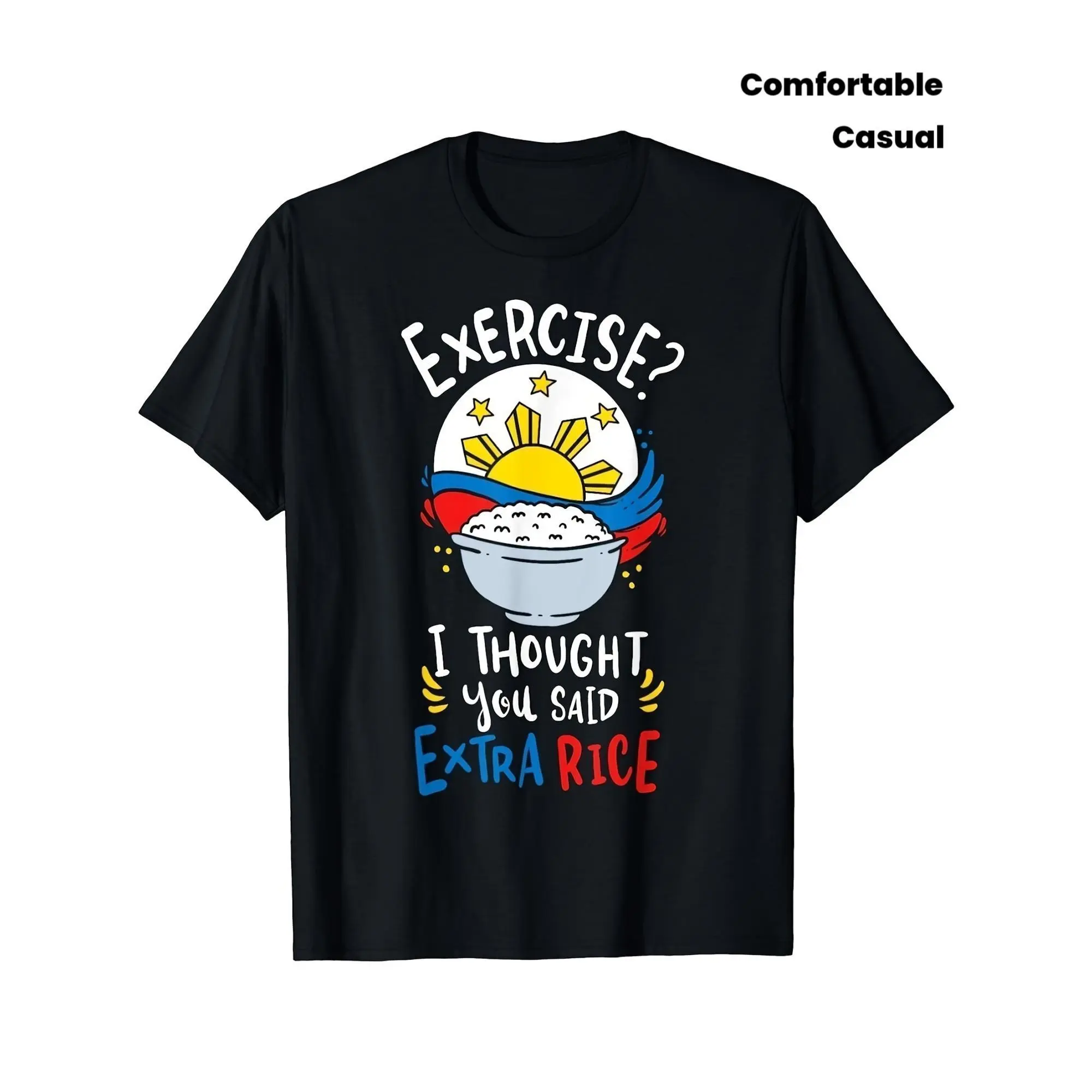 Men's Graphic T-Shirt with Funny Filipino 'Extra Rice' Quote - Vintage 100% Cotton Round Neck Short-Sleeve Streetwear Top, Party, Year-Round, Print, Chic, Fabric, Cute, Retro, Casual, Stretch, Menswear