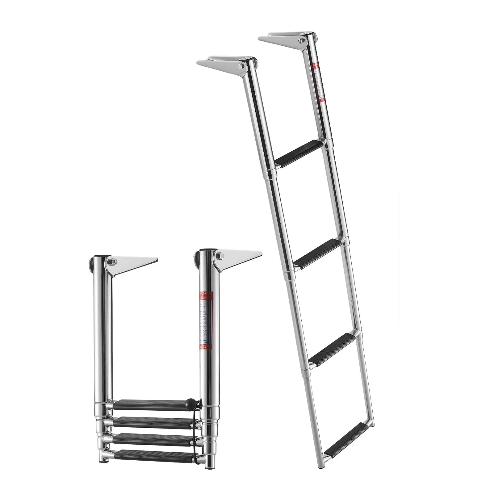 VEVOR Stainless Steel 4-Step Telescopic Folding Boat Ladder 7341s, 900 lbs Capacity, Wide Anti-Slip Steps, Easy Installation, Bungee Cord, for Pools, Saltwater Marine Swim Deck, Mobile Platforms, Yacht, Pontoon Boats