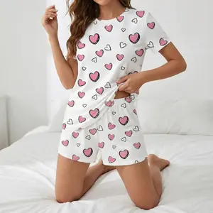 Women's All Over Pink & White Heart Print Pajama Set, Soft Comfy Fabric, Crop Top and Elastic Waist Shorts, Cute Sleepwear for Women