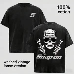 Men’s Vintage Washed Mechanic Skull T-Shirt, Retro Tool Graphic Tee, Loose Fit 100% Cotton Streetwear, Garage Worker Style Casual Oversized Tee