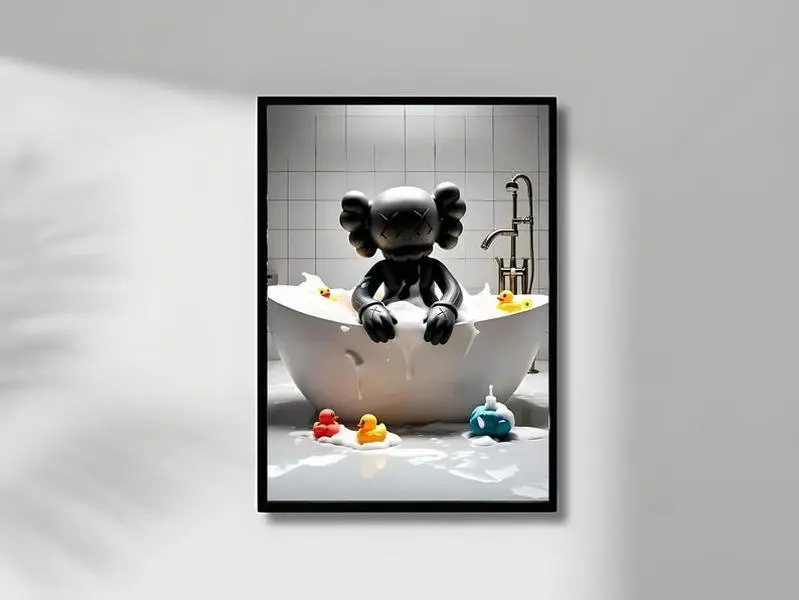 Kaws Sitting on bathtube Poster, Hypebeast bathroom decor, kaws bathroom wall art Unframed