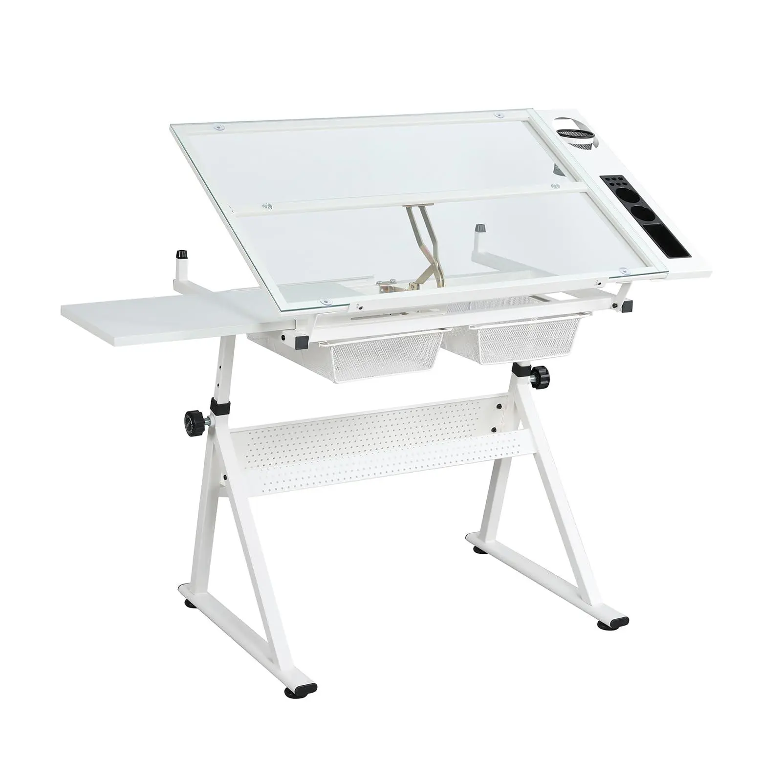 GARVEE Drafting Table w/Stool, Height Adjustable Drawing Table, Multifunctional Art Craft Paintings Work Station w/2 Storage Drawers Artists Desk Tilting Glass Tabletop for Home Office, White,sohochic