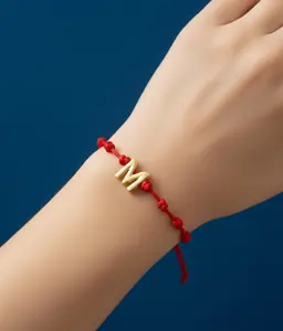 Adjustable Red Thread Bracelet with Knots and Brass Letter M Charm with 18k Gold Plating