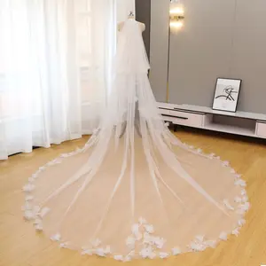Romantic 3D Floral Border Wedding Veil | Hand-Sewn Multi-Layered Blossoms | All-Fabric Masterpiece