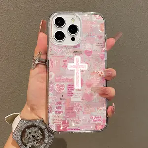 Soft Girl Magnetic Case for iPhone11/12/13/14/15/16/promax, Pink Cross Faith Collage Lightweight, Drop-Proof, MagSafe Compatible | Perfect for Teen Girls