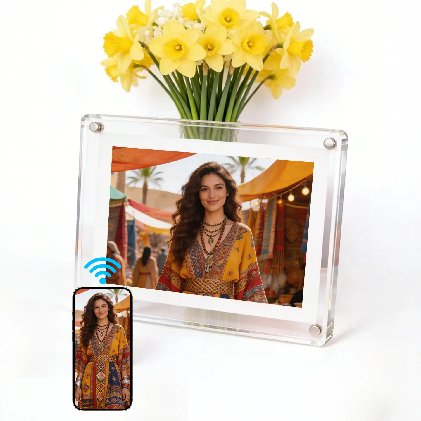 7" Display WiFi Acrylic Rectangle Digital Photo Frame - 1024×600 Screen, 8GB Built-in Memory, Auto-Rotate, Modern Home Decor Photo Frame for Sharing Moments