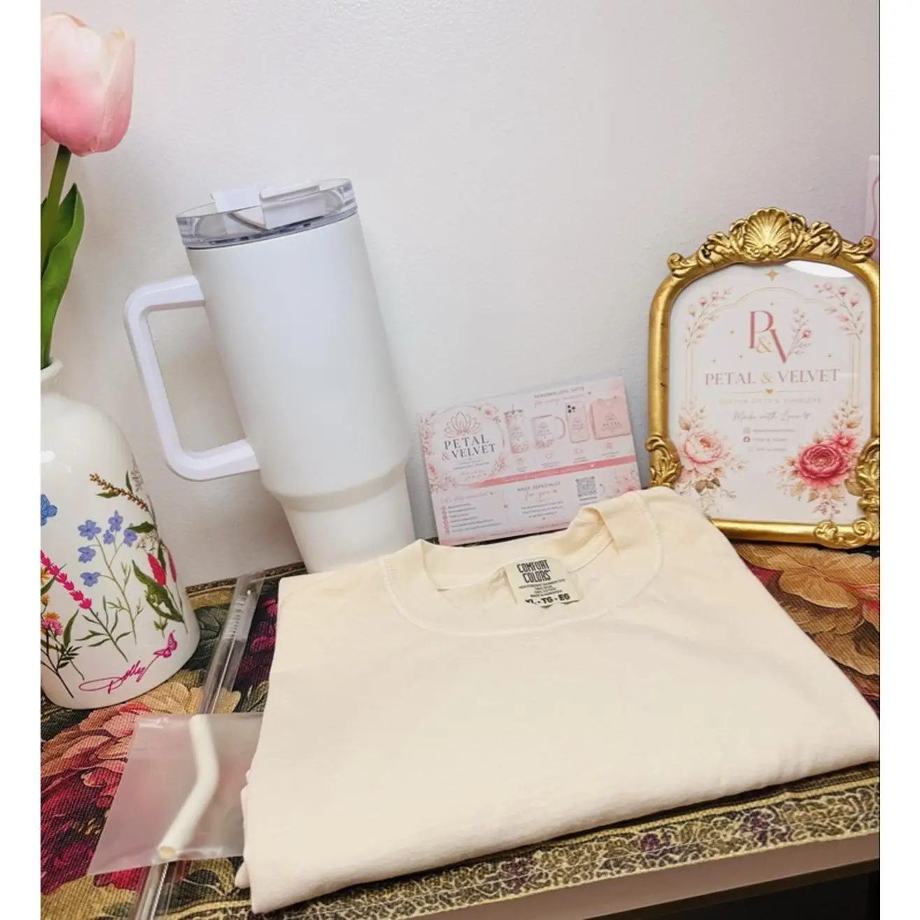 Petal & Velvet Personalized Tumbler & T-Shirt Gift Set - Customizable Colors-Names, Photos, Theme Style - Made-to-Order for Birthdays, Special Occasions