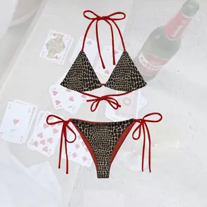 Red Black Leopard Print String Bikini Set, Sexy Two Piece Swimsuit, Adjustable Tie Side Bikini, Summer Beach Swimwear, Trendy Y2K Style, Women’s Bikini
