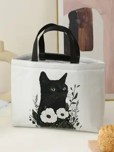 Cat Pattern Handbag Portable Lunch Bag, Women's Casual Shoulder Bag, Large Capacity Picnic Food Drink Bag, All Seasons