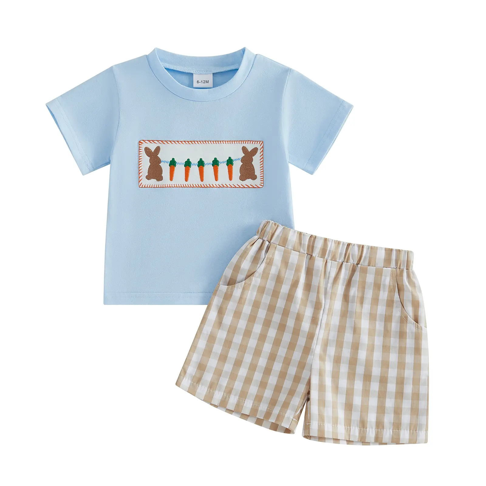 Babamoon Kids Toddler Baby Boys Easter Outfits Set Bunny Carrot Embroidery T-Shirt Tops and Plaid Shorts Set 2pcs Clothes Set 1-5 Years