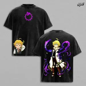 Meliodas Vintage Washed T-Shirt, Seven Deadly Sins Anime Tee, Oversized Heavy Cotton Streetwear, Retro Manga Hero Graphic Top, Gift for Anime Fans