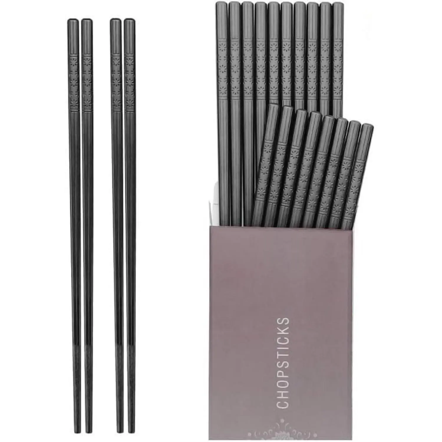 10 Pairs Fiberglass Chopsticks - 9.5inch Length Cutlery Tableware, Tapered Silhouette, Non-Slip, Heat-Resistant, Durable Food-Grade Black Reusable Dishwasher-Safe for Home Kitchen, Sushi, Asian Dining (Cherry Blossoms Design)