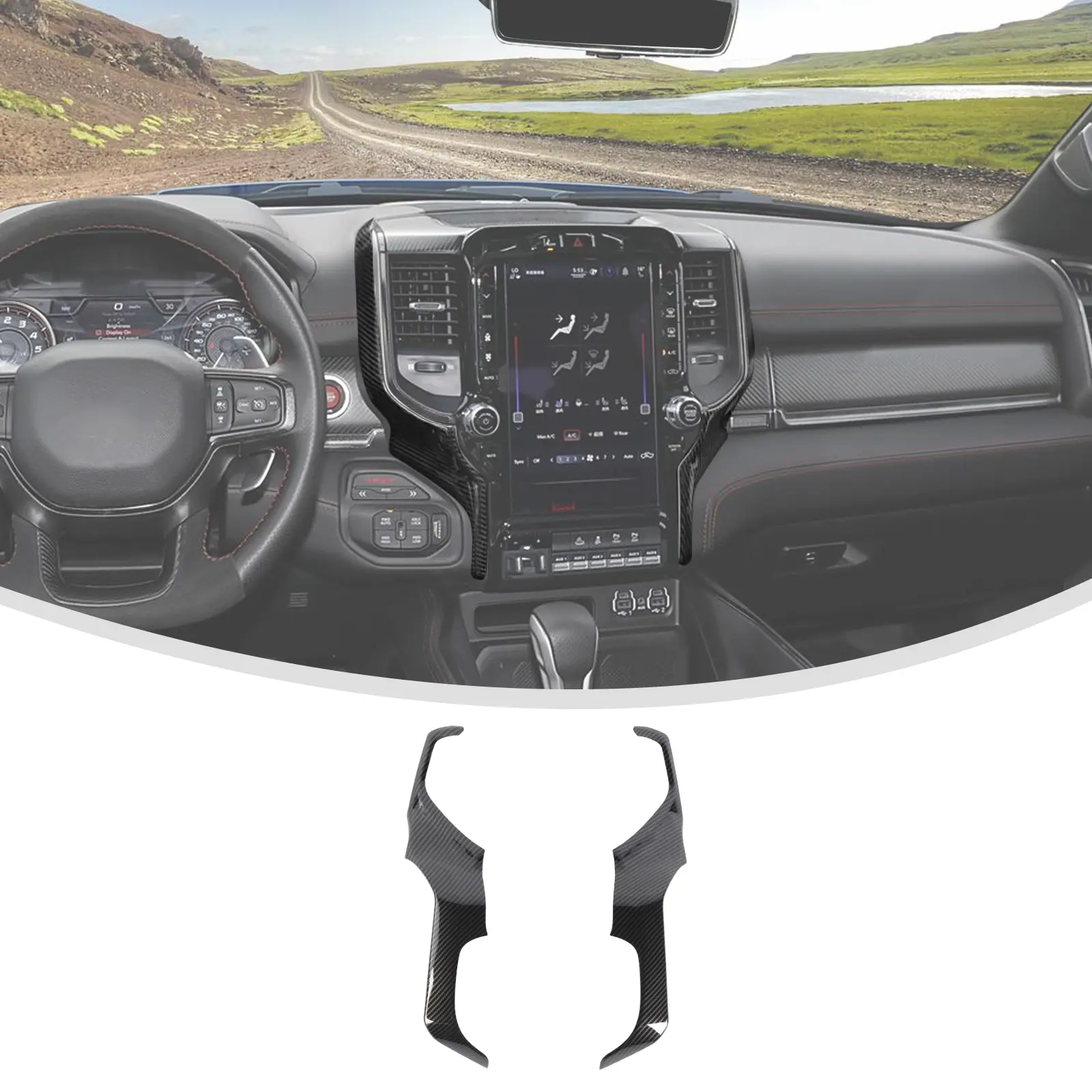 Car Interior Decorative 2-Piece Self-Adhesive Scratch-Proof Central Control Navigation Screen Side Cover Trim for 2018-2023 Dodge Ram, DIY Install Car Interior Accessory Sticker