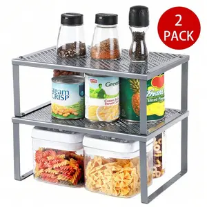 2 Pack Spice Rack, Cabinet Shelf Organizers, Shelf Organizer, Countertop Organizer, Shelf Riser, Stackable, Expandable, Metal Kitchen Counter Shelves, Silver Accessory Set