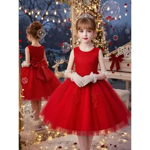 Girls' Lace Floral Princess Dress, Sleeveless A-Line Party Gown with Embroidery, Halloween Christmas Costume, Performance and Special Occasions